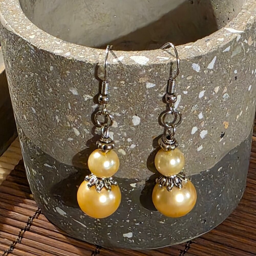 Handcrafted Light Champagne Yellow Antiqued Silver Glass Pearl Drop Earrings